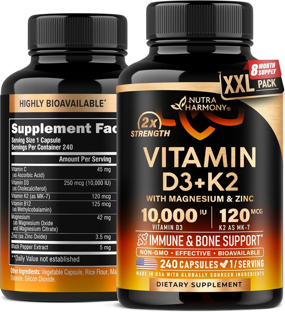 Vitamine D3 K2 - Vitamine D3 10000 ie & K2 als MK-7 120 mcg - Immune & Mood Support, for Bone & Teeth Health - with Magnesium, Zink & Vitamin C & B12 - Highly Bio available - Made in USA, 240 Capsules