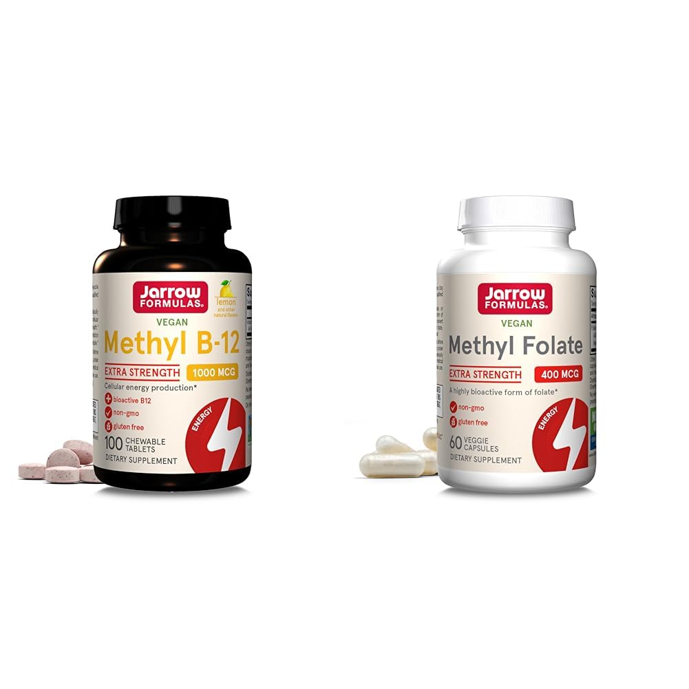 Jarrow Methyl B-12 1000mcg 100 Kauwtabletten & Methyl Folate 400mcg 60 Veggie Capsules Bundel voor Cellular Energy, Hersenen, Cardiovasculaire & Neurologische Gezondheidsondersteuning