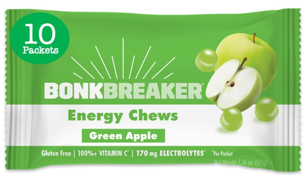 Bonk Breaker Energie Kauwen, Dairy-Free, Glutenvrije ingrediënten om snelle energie en focus te bieden, 1 doos van 10 pakketten, Groene Apple