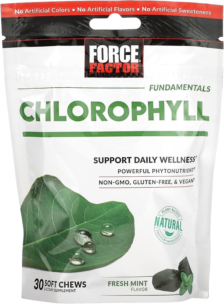 FORCE FACTOR Chlorofyl Zachte Kauwen Antioxidanten Supplement om lichaam Odor te verminderen, bevorderen verse adem, non-GMO, Gluten-vrij, en Veganistisch, verse munt smaak, 30 zachte kauwen, Groen