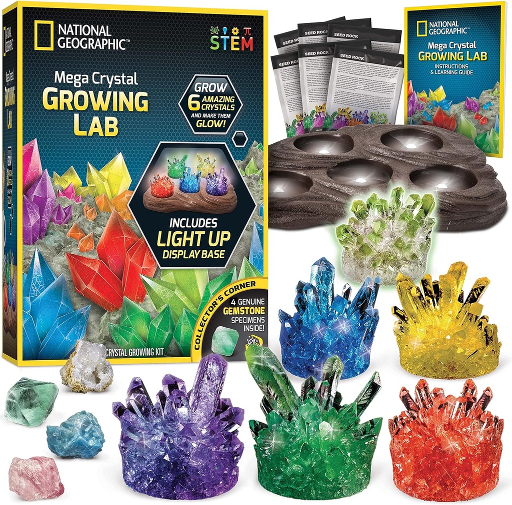 National Geographic Mega Crystal Culturing Kit - Grow 6 cristaux avec support lumineux, dons scientifiques pour les enfants 8-12