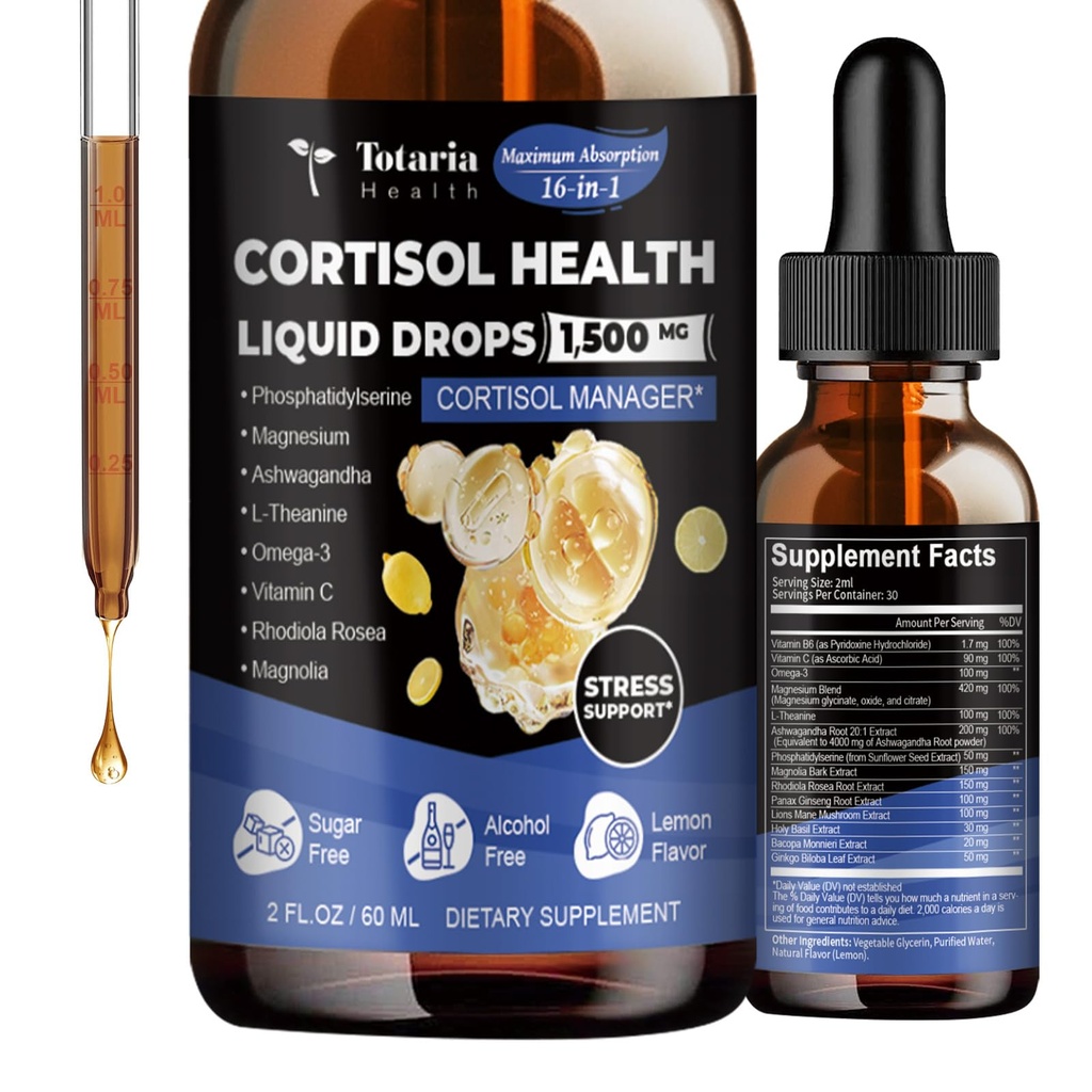 Totaria cortisol Supplement Liquid Drops Hormone Balance voor vrouwen Mannen met Magnesium Complex,Ashwagandha,Rhodiola Rosea,L Theanine,Phosphatidylserine Supplementen Mood, Focus, Slaapondersteuning 2 FL.OZ