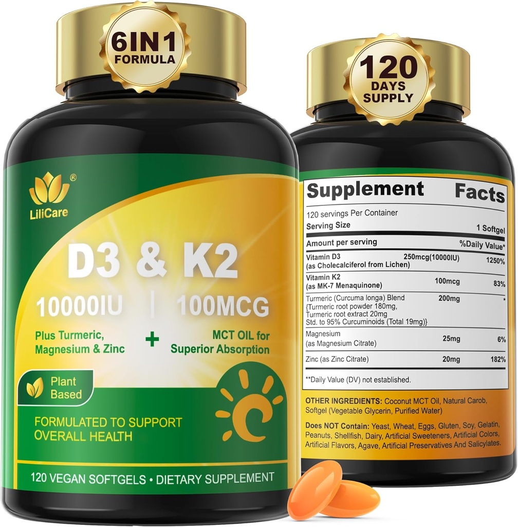 Vitamine D3 10000 IE Plus K2 (MK-7) 100 mcg, Vegan Vitamin D3 K2 met Kurkuma, Magnesium & Zink voor Calcium Absorptie, Bot & Immune Health, Kokosolie voor Hoge Absorptie, Gemakkelijk door te slikken, 120 Ct