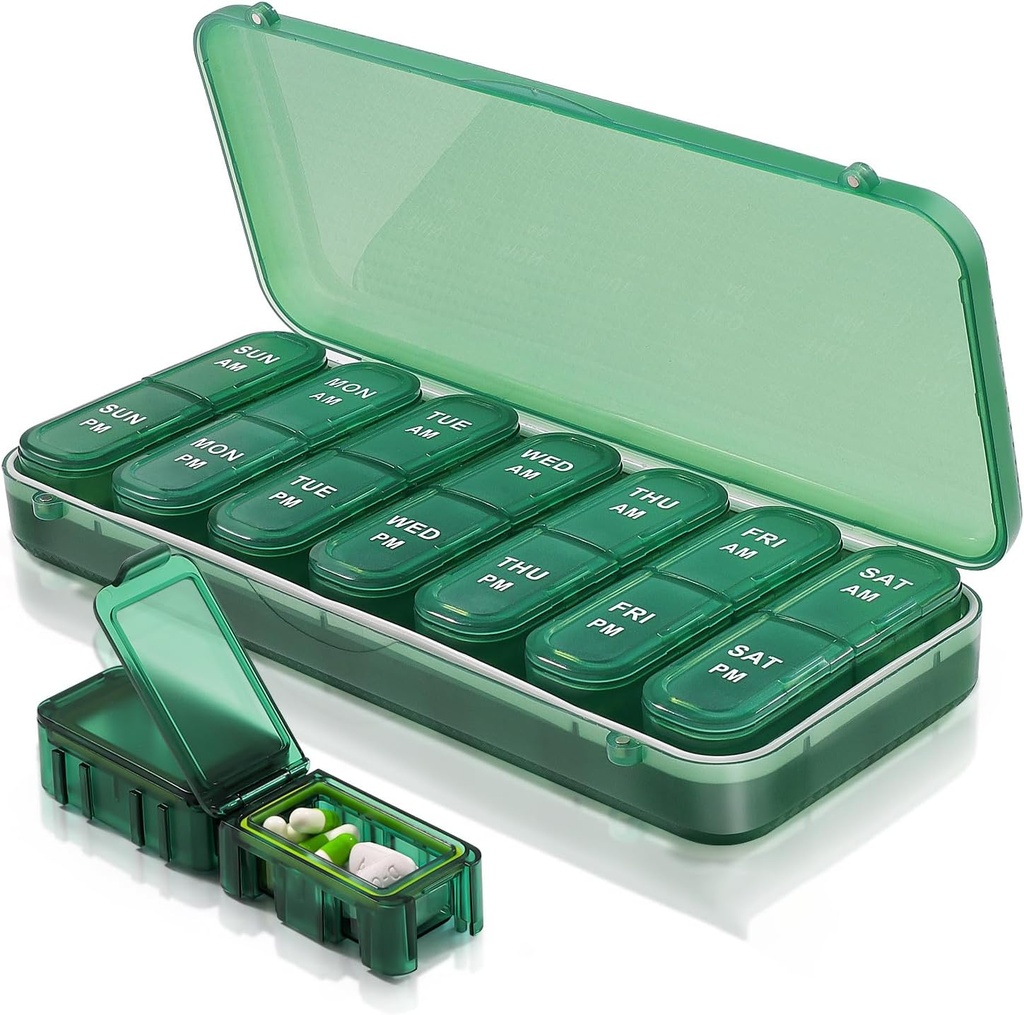 Boîte à pilules et organisateur 2 fois par jour, cas de voyage hebdomadaire pour les vitamines, les huiles de poisson + 2 organisateurs mignons amovibles (vert)