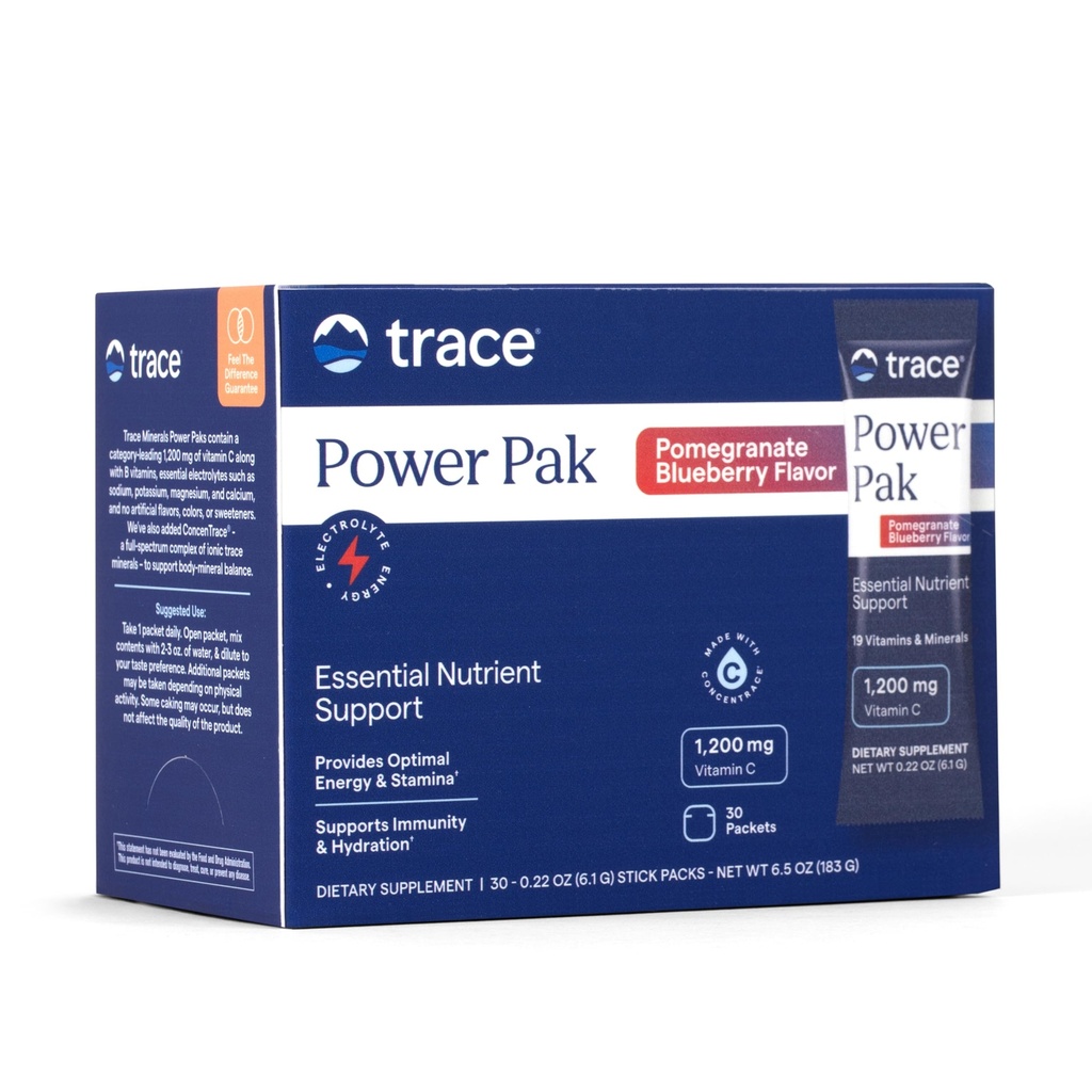 Trace Minerals Power Pak Multivitamine en Multimineral Packets - Electrolyte Support - 1200 mg Vitamine C Plus 70 Granaatappel Blueberry Flavor - 30 Packets