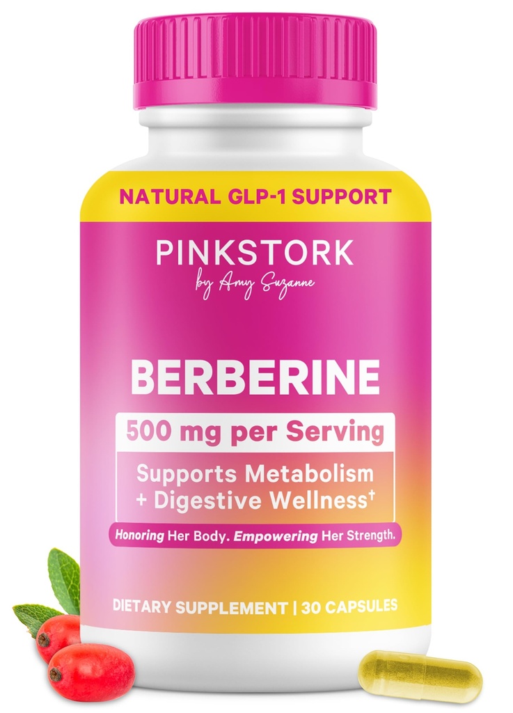 Pink Stork Berberine 500mg - Supplément GLP-1 de la nature - Activateur métabolique AMPK quotidien - 500-1000 mg Métabolisme + Santé Gut pour les femmes