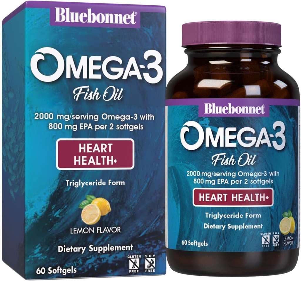 Bluebonnet Nutrition Omega-3 Hartformule Natural Wild Caught Triglyceride Form DHA 600 mg EPA 800 mg - Hooggeconcentreerde Hartgezondheid Support Supplement - Glutenvrij - 60 Softgel