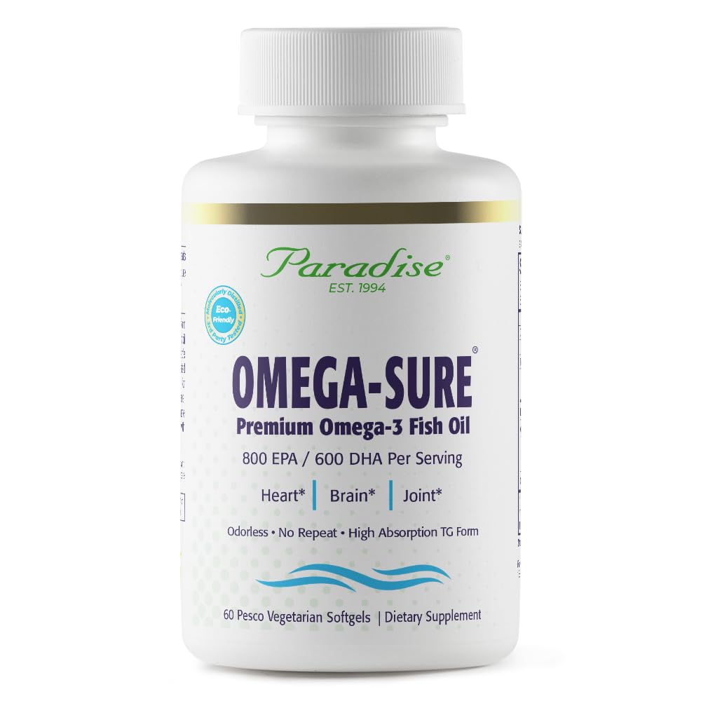 Herbes paradisiaques Oméga-Sure, Oméga-3 Concentré, Huile de poisson premium, DHA, EPA, végétalien, non OGM, sans gluten, 60 softgels végétariens de dénombrement