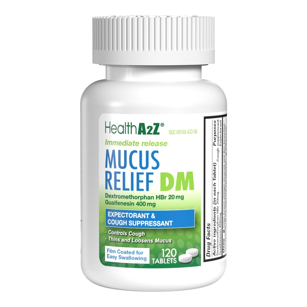 HealthA2Z® Mucus Relief DM-Dextrométhorphane HBr 20mg-Guaifenesin 400mg-D Non Benzène-D Toux, libération immédiate, non couchée (120 Nombre (paquet de 1))