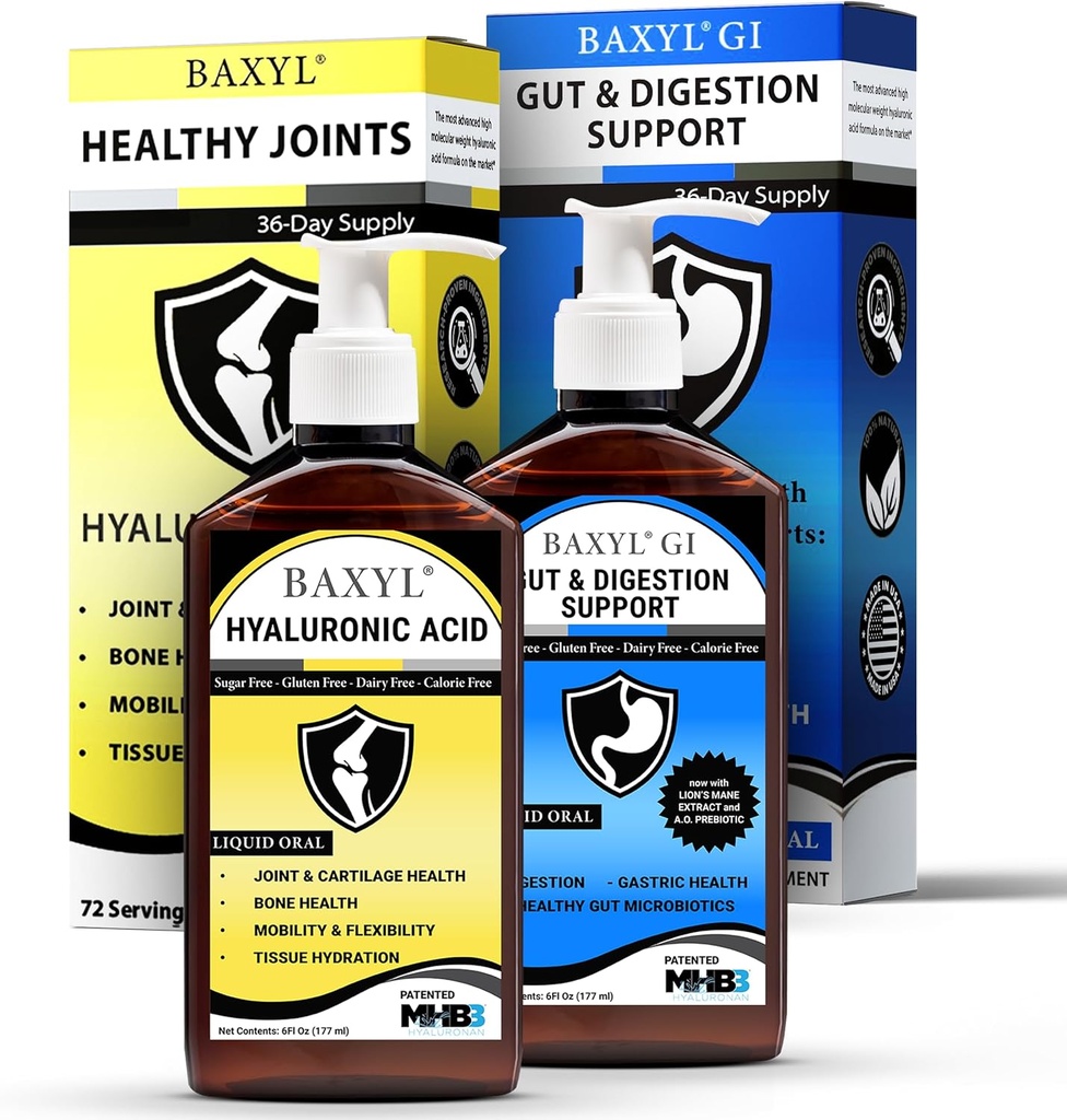 BAXYL & BaxylGI Bundle Pack - (6 fl oz Each) - Hyaluronzuur Joint Supplement & Hylarunonan Amaferm Prebiotic Digestief Supplement.