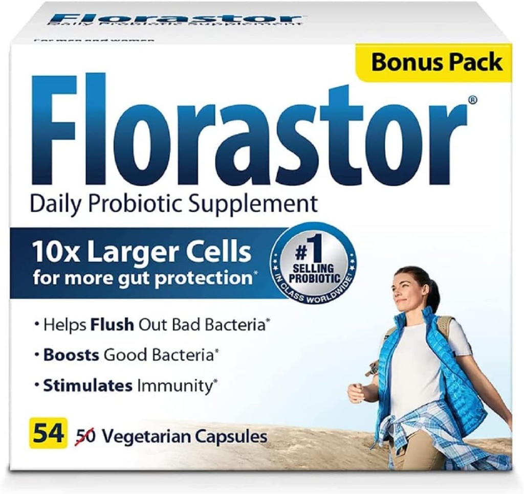 Supplément probiotique quotidien Florastor pour les femmes et les hommes, prouvé pour soutenir la santé digestive, Saccharomyces Boulardii CNCM I-745 (54 capsules), boîte de 4