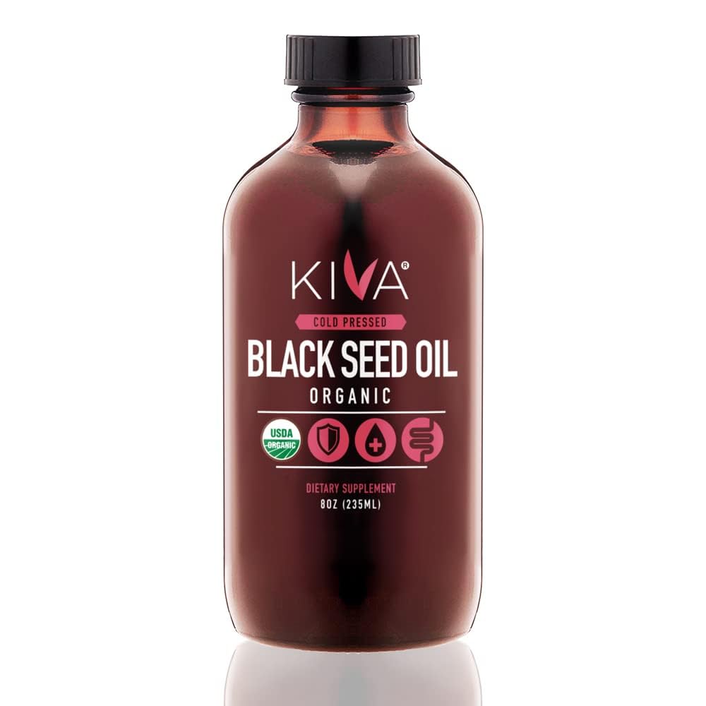 Kiva Organic Black Seed Oil - Ultra High 3X Thymochinon (TQ), Cold-Pressed, 100% Turkse Nigella Sativa Seed Oil, All-Natural Non-GMO Supplement - Vegan, 8 oz (235 ml) Glasfles