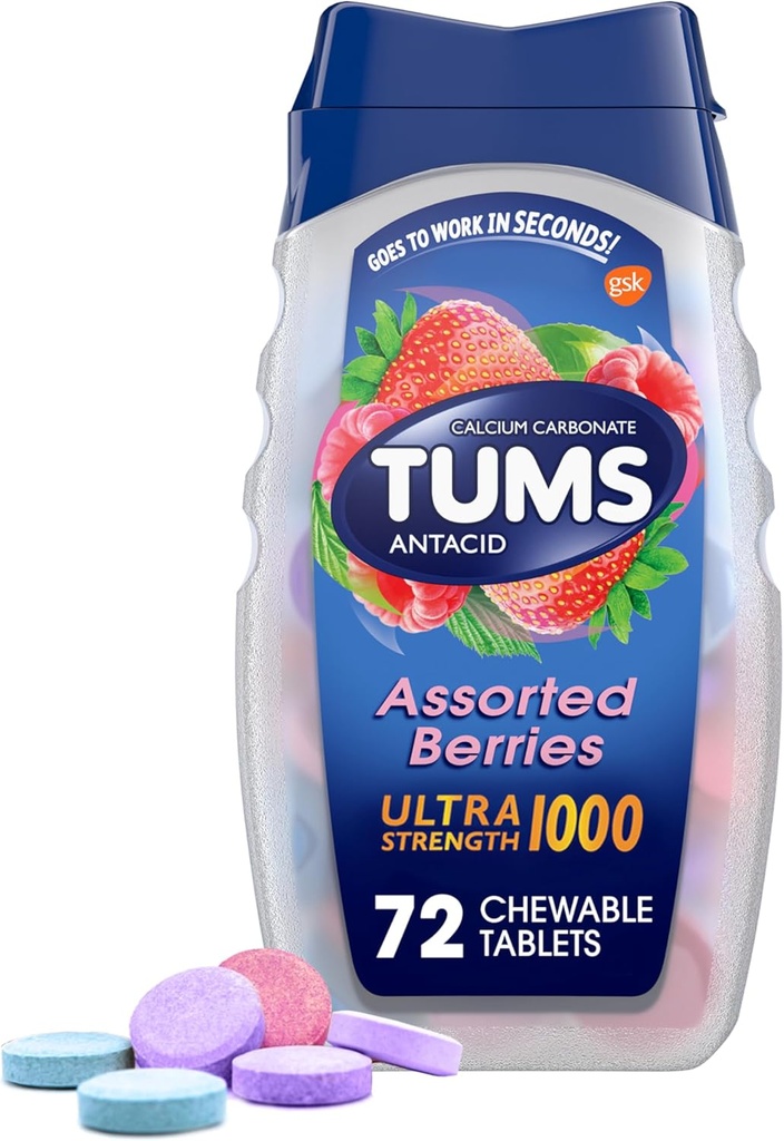 Comprimés antiacides à haute résistance TUMS pour soulagement des brûlures d'estomac et soulagement de l'indigestion acide, baies assorties - 72 Compte
