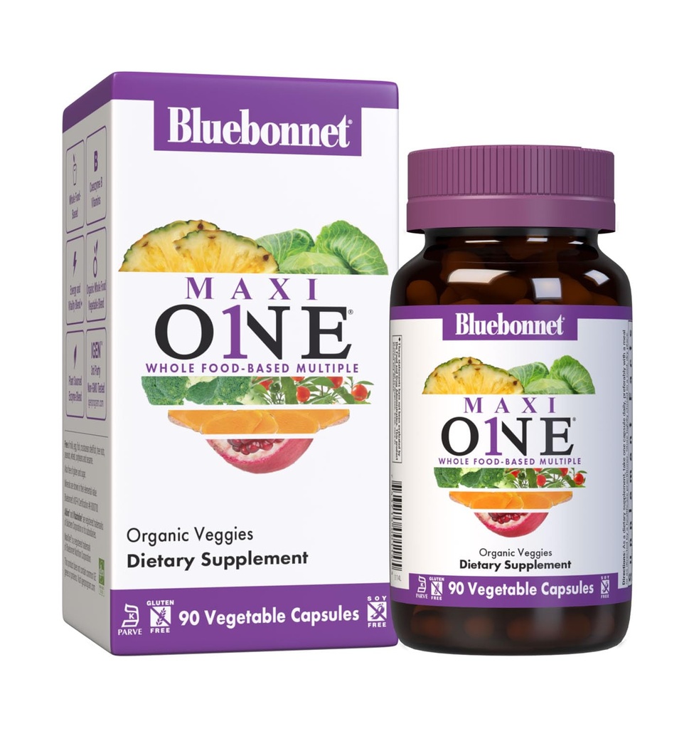 Bluebonnet Nutrition Maxi One (avec le fer), Multiple d'aliments entiers, Enzymes, Énergie, Vitalité, Sans gluten, Casher, Sans lait, Végétarien, Sans soja, Non-OGM, 90 Capsule végétale, Approvisionnement 3 mois, Beige