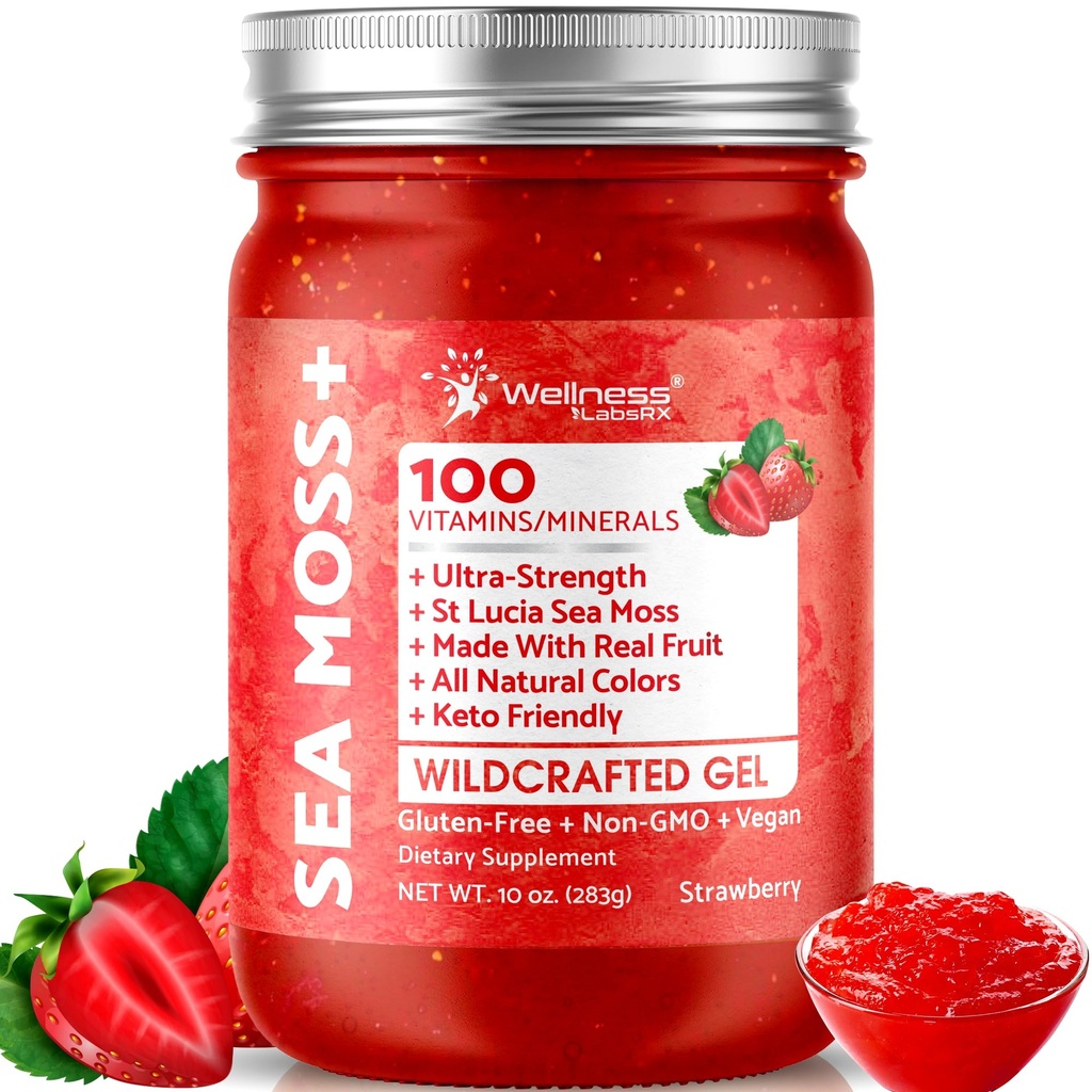 WELLNESS LABSRX Irish Sea Moss Gel Raw - Wildcrafted Superfood Seamoss Gel - Aardbei Smaak, Vitamine en Mineral-Rich van Pristine Caribbean Waters, Immune en Digestieve Gezondheid Ondersteuning - 10 oz.