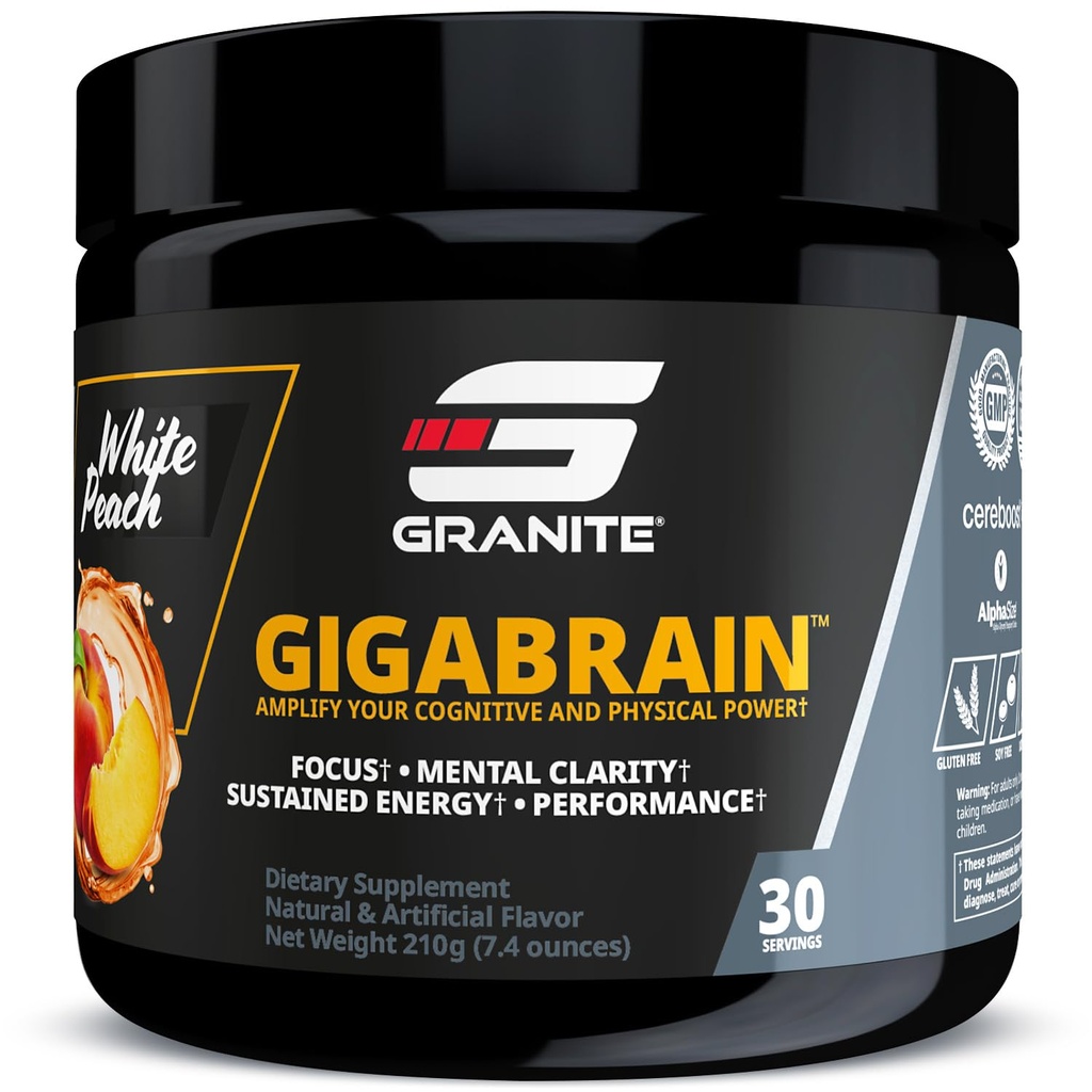 Granite Nutrition GigaBrain Nootropic Energy Powder – Cereboost, Alpha-GPC & ElevATP – Supplément de focalisation cognitive pour l'énergie et la performance durables – Pêche blanche, 30 portions