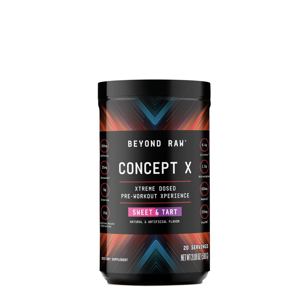 BEYOND RAW Concept X, klinisch gedoseerd pre-workout poeder, bevat cafeïne, L-Citrulline, Creatine, en Beta-Alanine, Sweet & Tart smaak, 20 porties