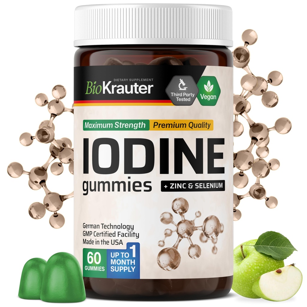 BIO KRAUTER Jodium Gummies - 60 Vegan Kauwen - 250 mcg Kalium Jodide - Jodium Supplement met Selenium Zink - Apple Flavor, Pectin-Based Kauwen