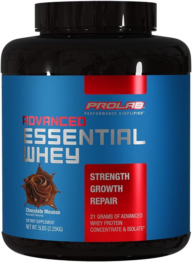ProLab Advanced Essential Whey Protein Powder, 21g Protein, Whey Concentrate & Isolate Blend avec BCAAs et enzymes digestives pour le soutien et la récupération musculaires (Chocolate Mousse, 5 LB)