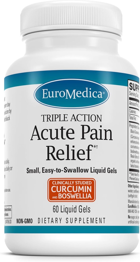 Euromedica Aiguy Pain Relief - Supplément diététique avec BCM-95 Curcumine et BOS-10 Boswellia - Supplément huile de graines de sésame noir pour soutenir le soulagement du malaise occasionnel - 60 gels liquides