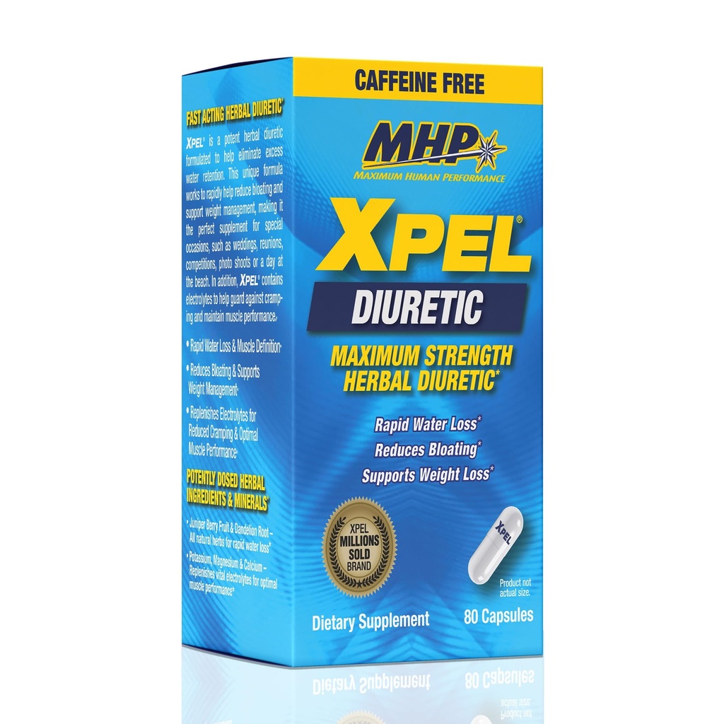 MHP Xpel maximale sterkte Diuretische waterpillen, voor waterretentie verlichting, Cafeïnevrije met vitamine B-6 Kalium Dandelion Root, 80 capsules