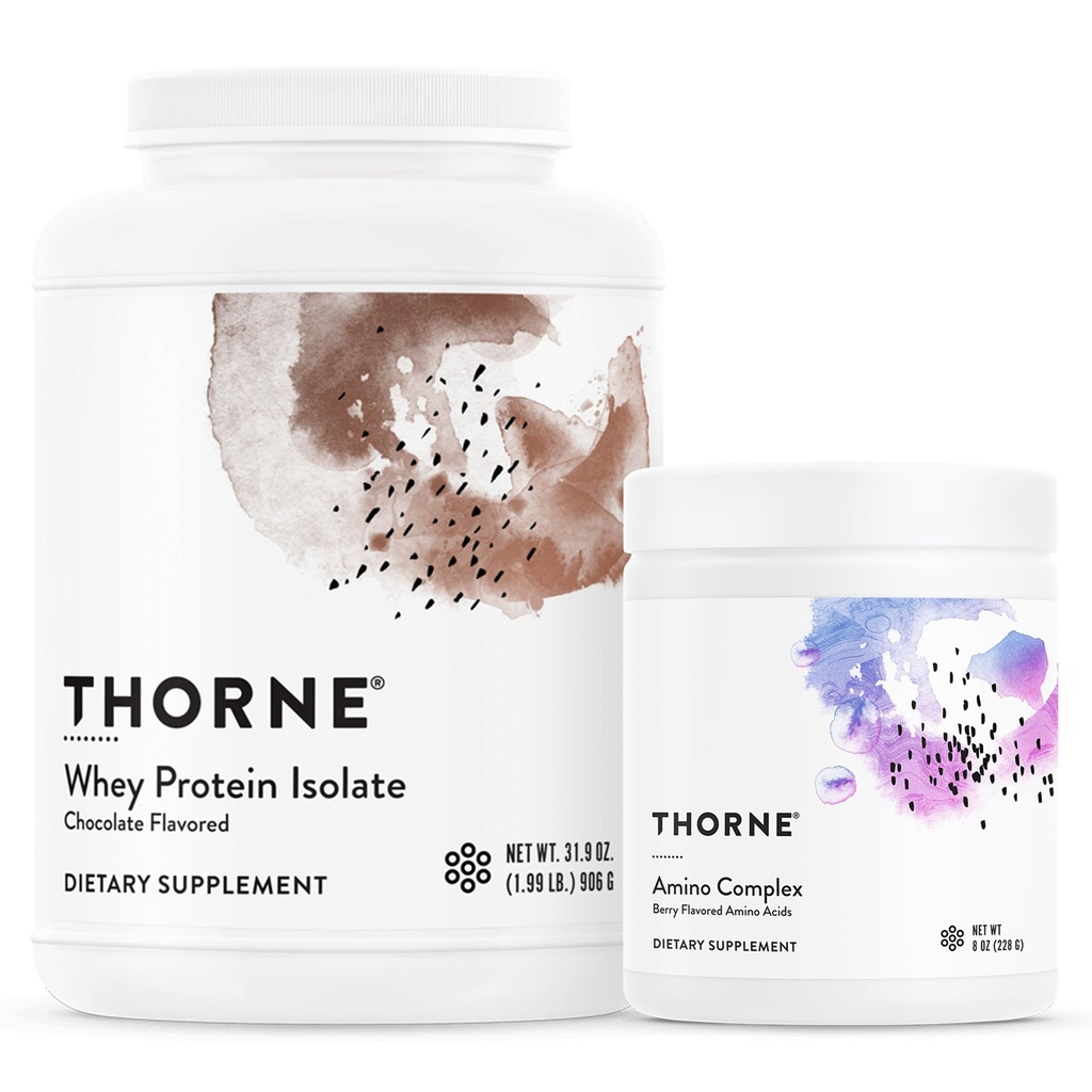 THORNE - Wei eiwitisolaat (chocolade, 31.9 Oz) & Aminocomplex (Berry, 8 Oz) bundel - Ondersteunt spierherstel en herstel - NSF gecertificeerd voor sport - Glutenvrij, sojavrij