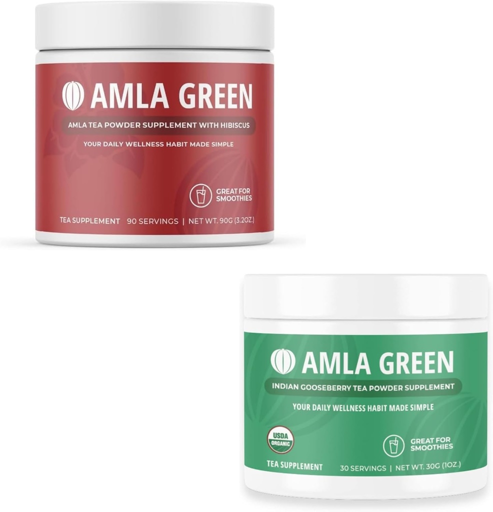 Amla Powder & Green Tea Superfood Supplement, Antioxidant Support, Made with Hibiscus (90 Servings) & Indiase kruisbessen (30 Servings), Biologische, Veganistische