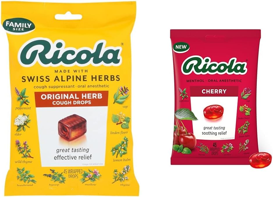 Ricola Original Natural Herb Cough Suppressant Throat Drops, 45 Drops, Fights Coughs Natuurlijk, kalmeert Throats, natuurlijk verzachtende verlichting & Cherry Throat Drops, 45 Tellen