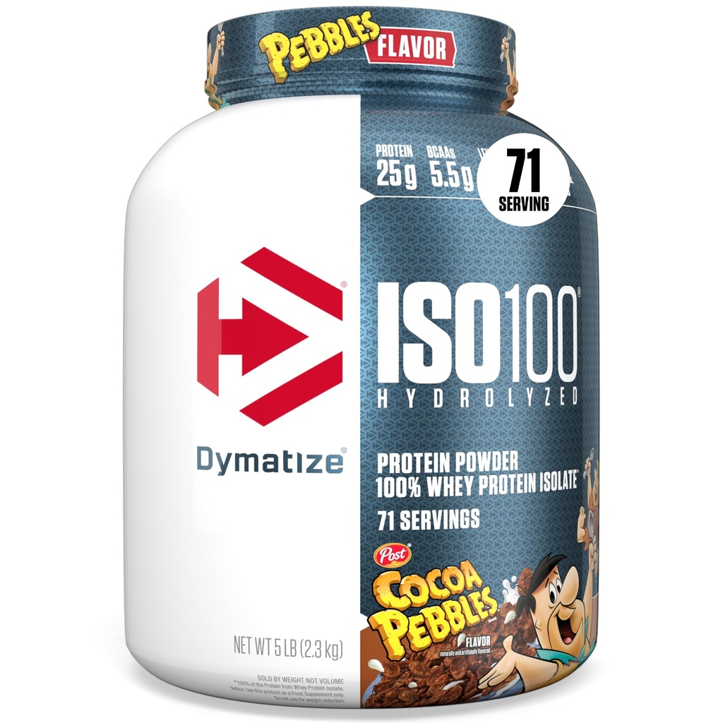 Dymatize x Cocao Pebbles ISO100 Whey Protéines Poudre Isolée, 25g de protéines, 5,5g BCAA, 120 Cal., Sans gluten, 1g de gras, 1g de sucre, 2g de glucides (71 portions)