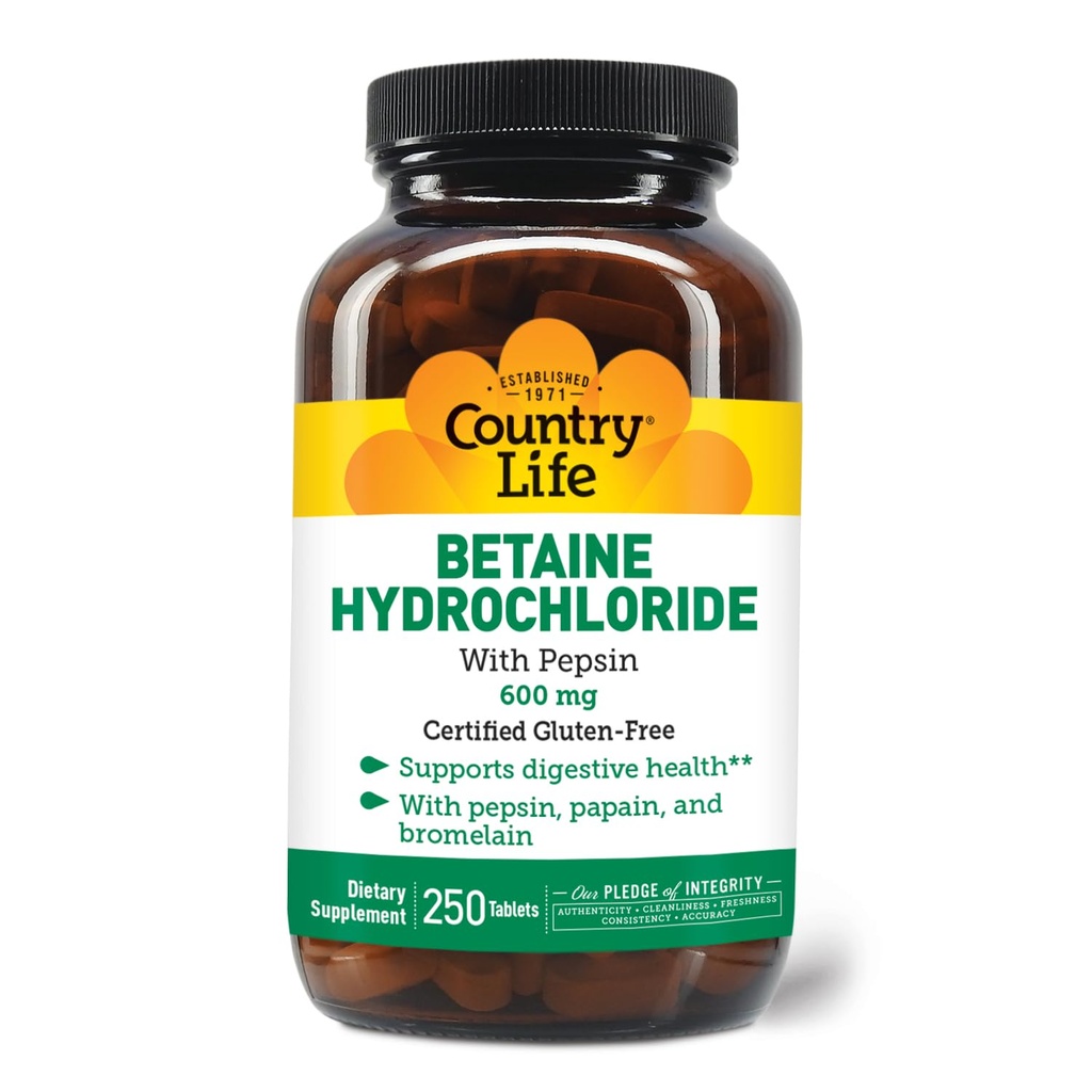 Pays Vie Hydrochlorure de bétaïne avec pepsine 600 mg - 250 comprimés