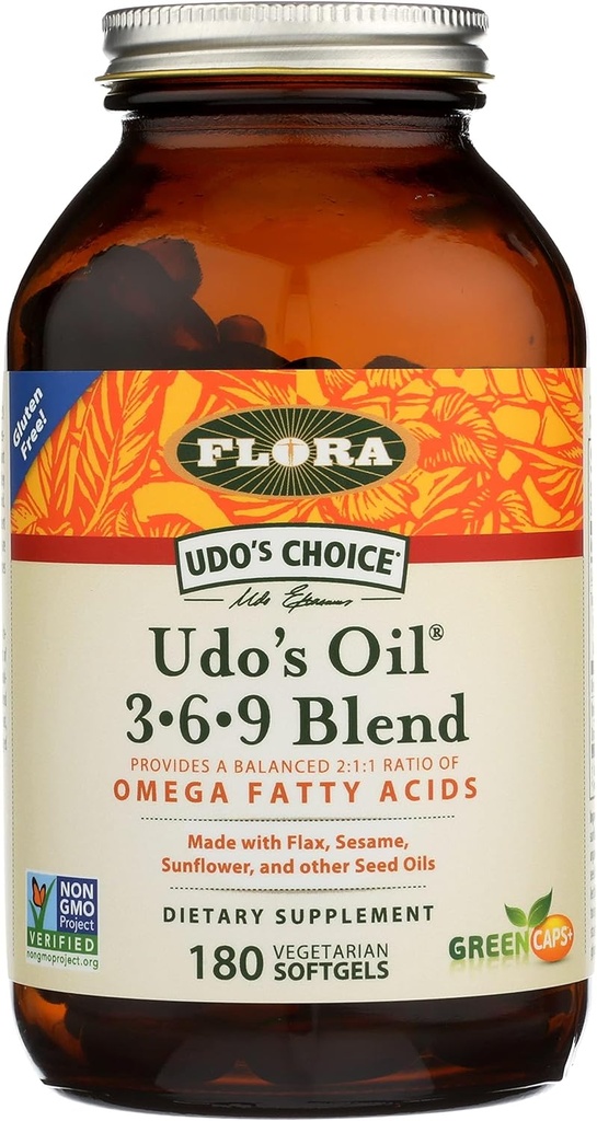 Flora Udo's Olie 3-6-9 Blend - Bevat biologische Kokosnoot, Vlaszaadolie en Meer - 180 Vegetarische Softgels