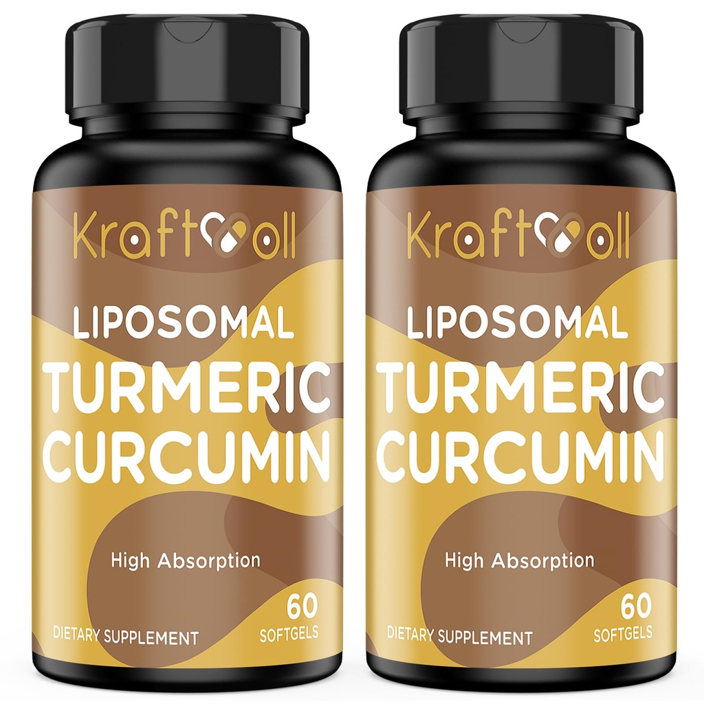 Liposomaal Kurkuma Curcumine 2200 mg met zwarte peper voor verbeterde absorptie en gewrichtsondersteuning, 60 softgels (2 flessen)