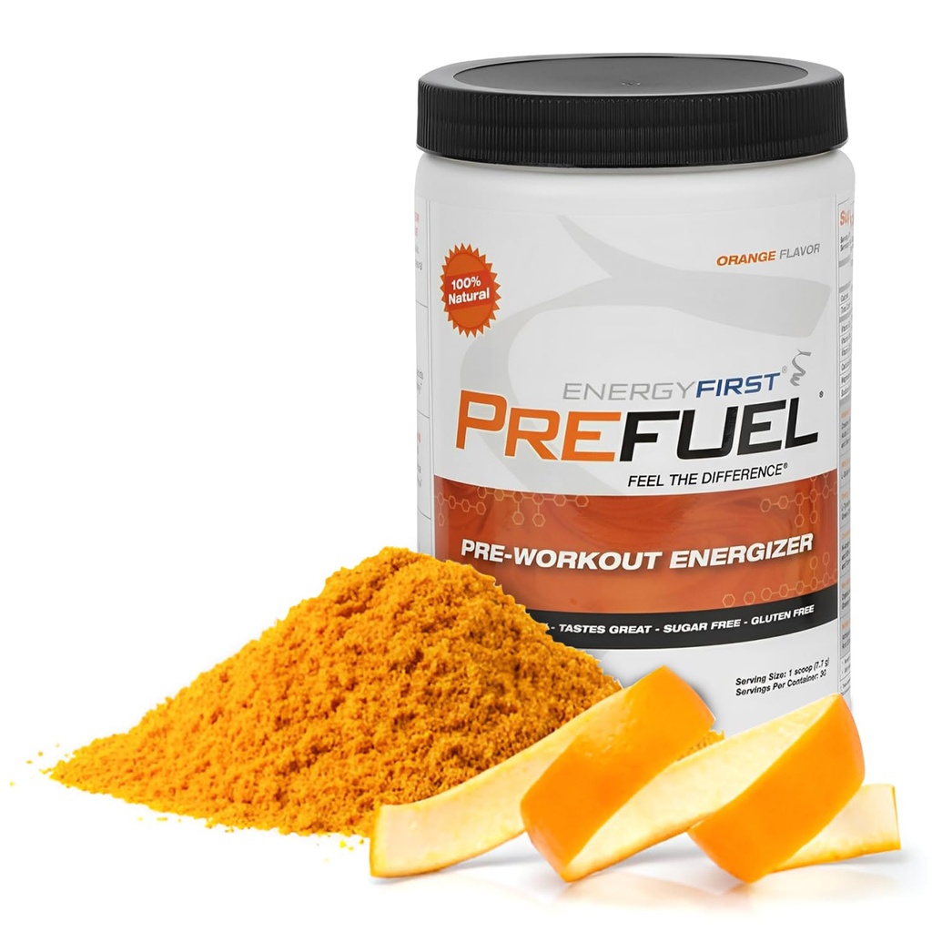 EnergieEerste Prefuel Vegan Pre-Workout Powder, Zero Sugar, All-Natural Energizer met Immune Support Orange Flavor, 30 Servers voor maximale workout prestaties