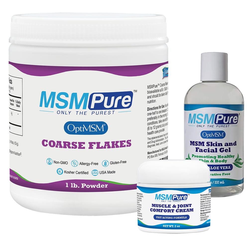 KALA GEZONDHEID MSMPure Starter bundel met MSM Coarse Flakes 1lb, MSM Muscle & Joint Cream 2oz en MSM Gel met Organische Aloë 8oz