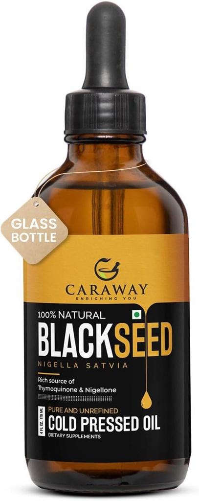 CARAWAY Biologische Zwarte Zaadolie - Koud Geperst Nigella Sativa Oil - Pure en Ongeraffineerd - Rijk aan Thymochinon voor Immune Ondersteuning, Haar en Huidverzorging 