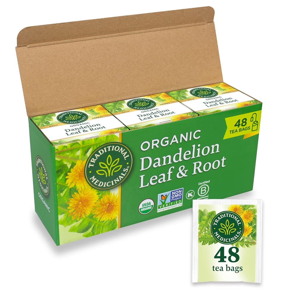 Traditionele Medicijnen Thee, Biologische Dandelion Leaf & Root, Ondersteunt Nierfunctie & gezonde spijsvertering, 48 Theezakken (3 verpakkingen)