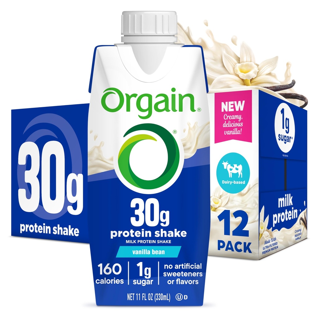 Orgain 30g High Protein Shake, Dairy Isolate Milk Protein, Vanilla Bean, 5g BCAAs, 1g Sugar Per Serving, Meal Replacement, Ready to Drink, Keto Friendly, Gluten-Free 11 Fl Oz (Pack of 12)