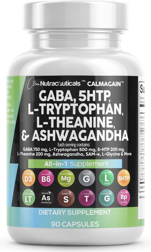 Nutraceutiques propres GABA 750mg 5 HTP 200mg L Tryptophane 500mg L Theanine 200mg Ashwagandha SAM-e L-Glycine - Mood Support Vitamines pour les femmes et les hommes avec L-Tyrosine 5-HTP (5-Hydroxytryptophane)