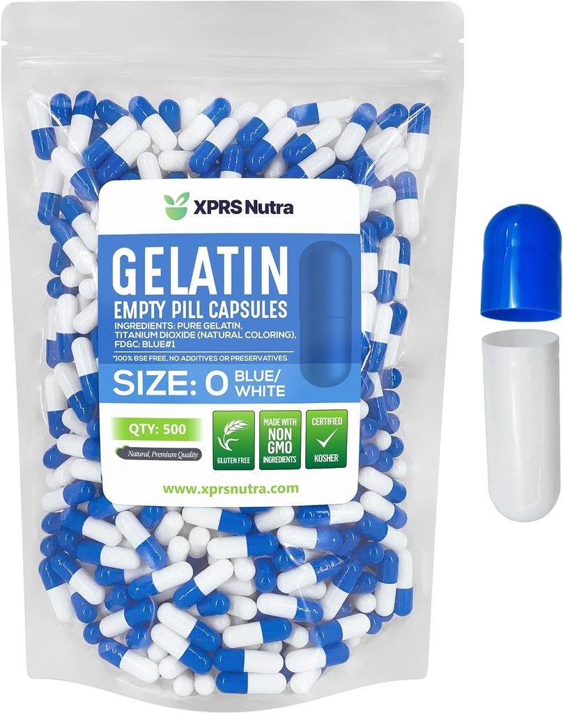 XPRS Nutra Size 0 Empty Capsules - 500 Count Empty Gelatin Capsules - Pills DIY Capsule Filling - Pure Bovine Pill Gel Caps for Do-It-Yourself Supplements (Blue/White)