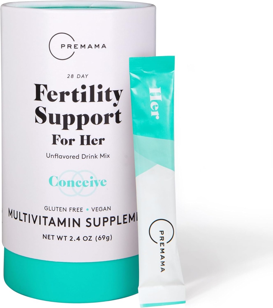 Premama Vruchtbaarheid Ondersteuning voor haar poederpakketten, Multivitamine supplement ter ondersteuning van normale ovale functie en Egg kwaliteit, Glutenvrij, Veganistisch, Ongearomatiseerd, 28 Single-Serve Packets