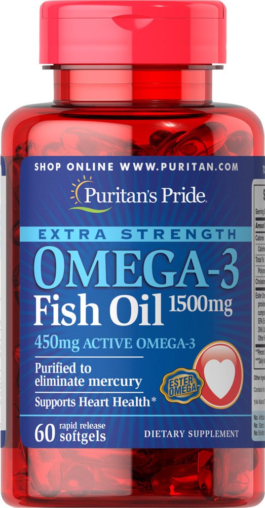 Puritans Pride Extra Strength Omega-3 Huile de poisson 1500 Mg 450 Mg Omega-3 actif Softgels, 60 Compte
