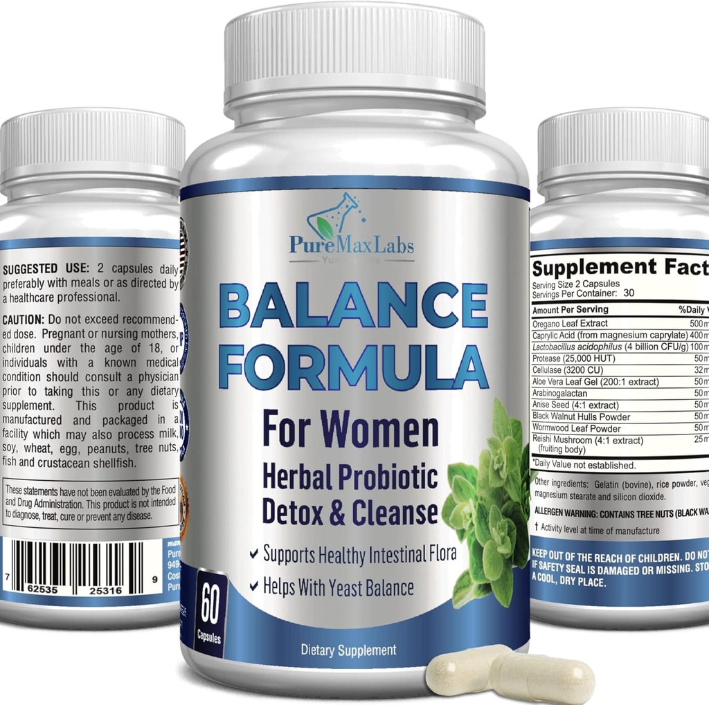 Complexe d'équilibre pour les femmes - pour la santé vaginale, detox à base de plantes et nettoyage, probiotiques vaginaux, soutient la flore intestinale saine, aide avec les infections de levure 60 capsules