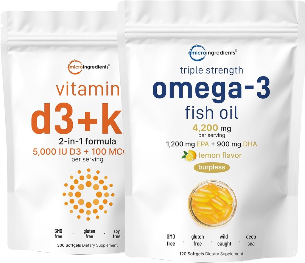 Micro Ingrediënten Vitamine D3 5.000iu + K2 100mcg Softgels & Omega-3 Visolie 120 Softgels Bundel 2 Pack 