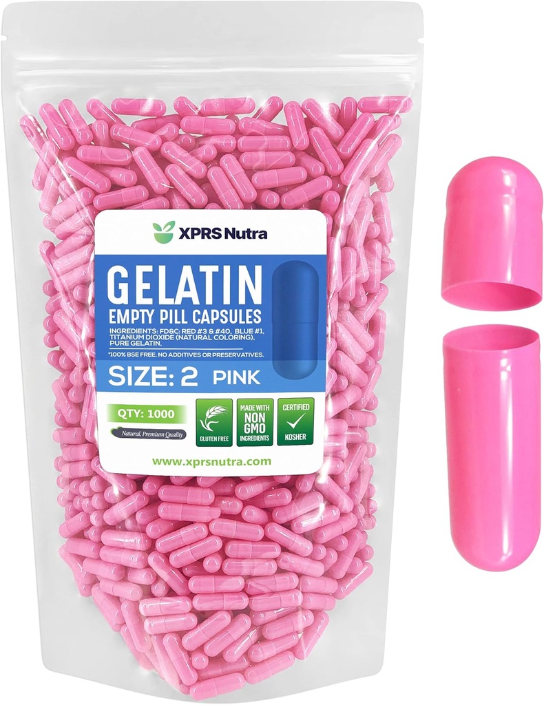 XPRS Nutra Size 2 Empty Capsules - 500 Count Empty Gelatin Capsules - Pills DIY Capsule Filling - Pure Bovine Pill Gel Caps for Do-It-Yourself Supplements (Pink)
