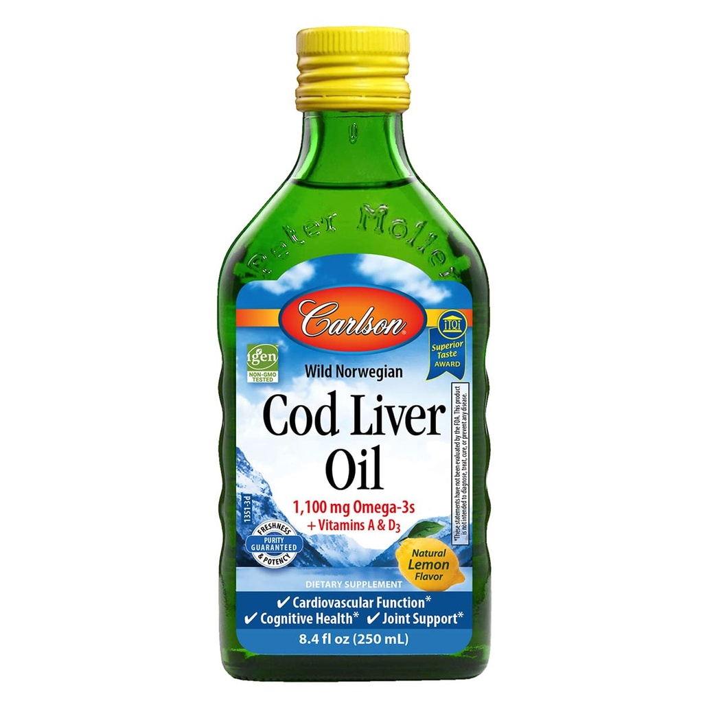 Carlson - Cod Liver Oil, 1100 mg Omega-3s, Liquid Fish Oil Supplement, Wild-Caught Norwegian Arctic, Sustainablely Sourced Nordic Liquid, Lemon, 250 ml