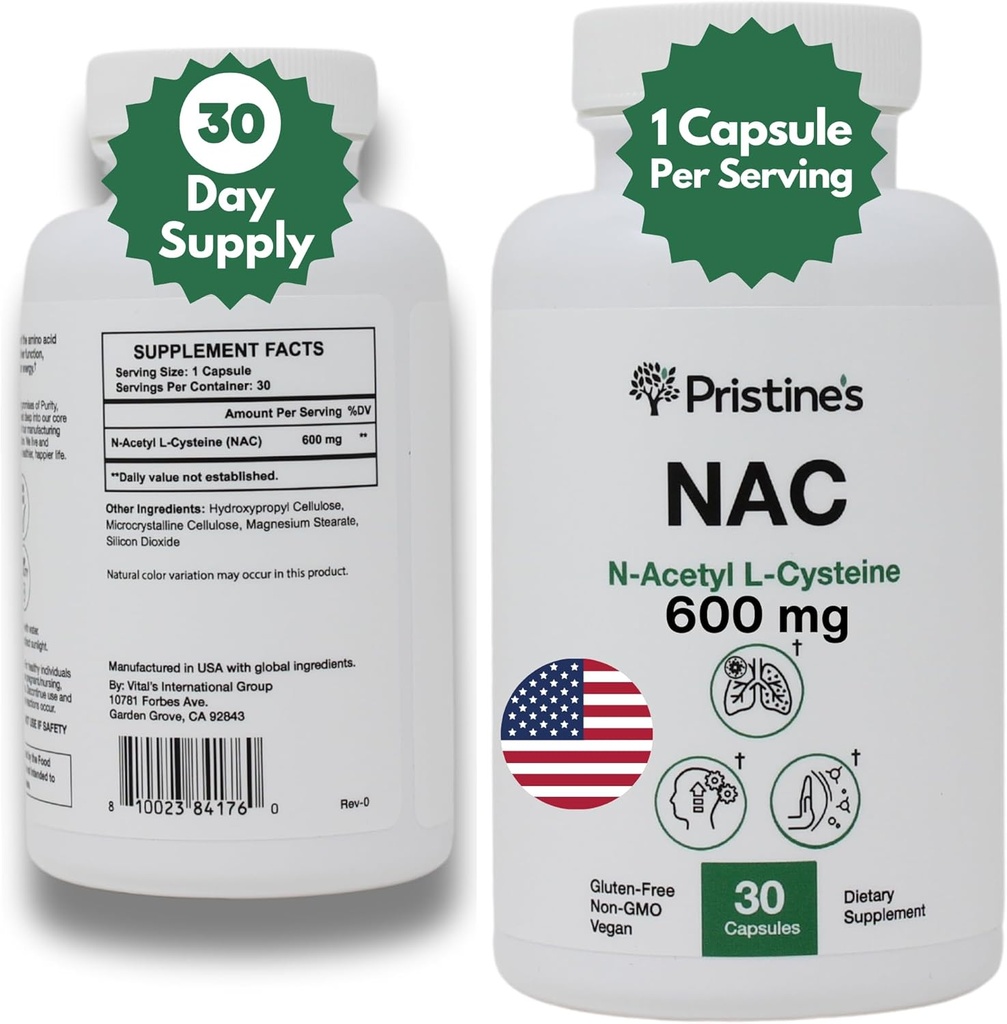 PRISTINE'S N-Acetyl-L-Cysteine (NAC) 600MG 30-Day Supply Potent Lung & Liver Immunity Antioxidant Supplement Capsules - Mood & mentale gezondheid ondersteuning