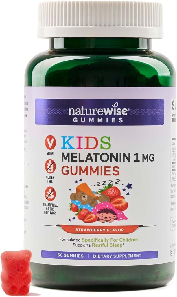 Naturewise Kids Melatonine Gummies 1 mg - Drug-Free, Non-Habit vorming van slaaphulp voor kinderen leeftijden 4 & Up - Aardbei Flavored Gummy Bears - Vegan, Gluten Free, Non-GMO - 60 Count [50]Maande voorraad]