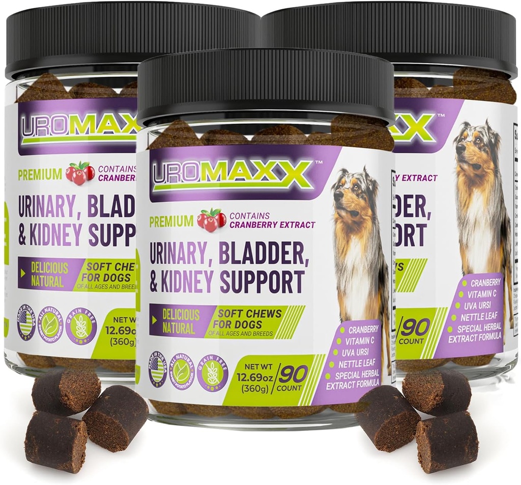 Honden urinetrek infectie behandeling, blaas & nier ondersteuning voor honden, krachtige huisdier verzorging, natuurlijke zachte kauwen met Cranberry & Glucosamine, Made in The USA, Chicken Flavor, 90 Telling, 3 Pack