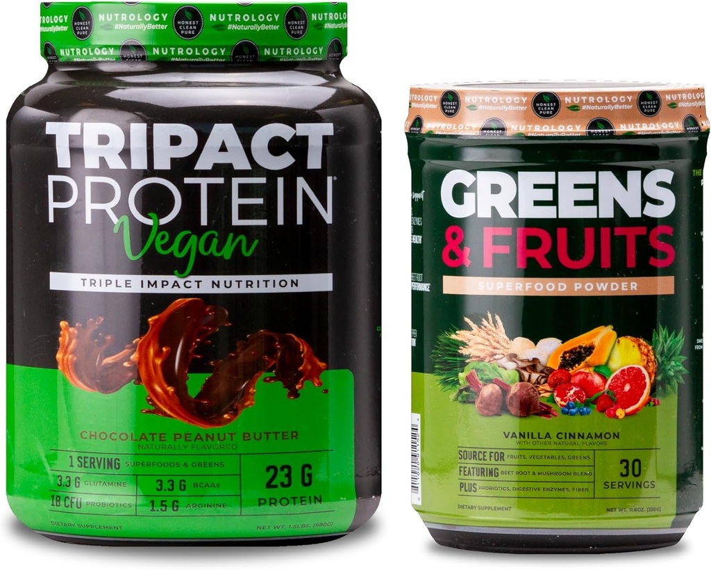 Nutrologie Groenen & fruit Poeder-natuurlijk geproduceerd Superfood, Vanille Kaneel (30 Servers) TRIPACT Vegan Proteïne Poeder, Chocolade Pindakaas (20 Servers)
