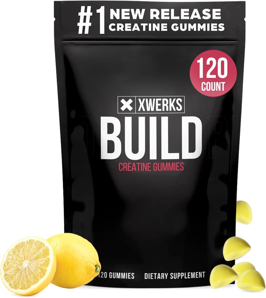 Xwerks Build Creatine Gummies for Men and Women, 120 Telling, 100% Pure Creatine Monohydraat, Lemon Flavored Muscle Building Gummies 4g Per Serving, Pre Workout Anti Melting, 5000mg Totaal Creatine